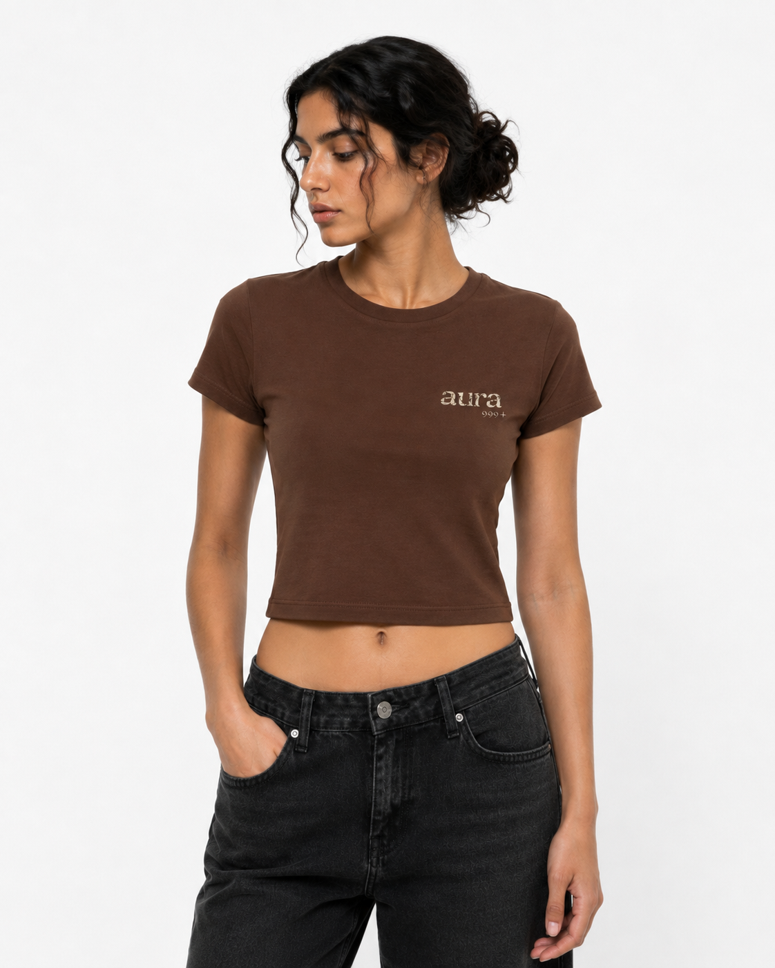aura999+ Signature Cropped Baby Tee — Brown